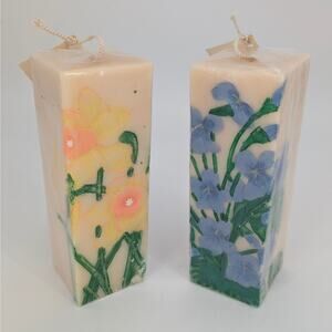 Bill Blass Botanical Flower Candles Set of 2 Painted Blue Iris Yellow Daffodil